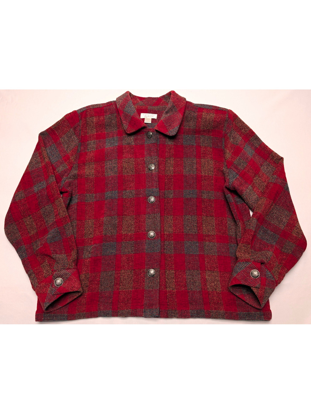VTG Christopher & Banks Red Gray Beige Plaid Collared Button Front Jacket Y2K- L